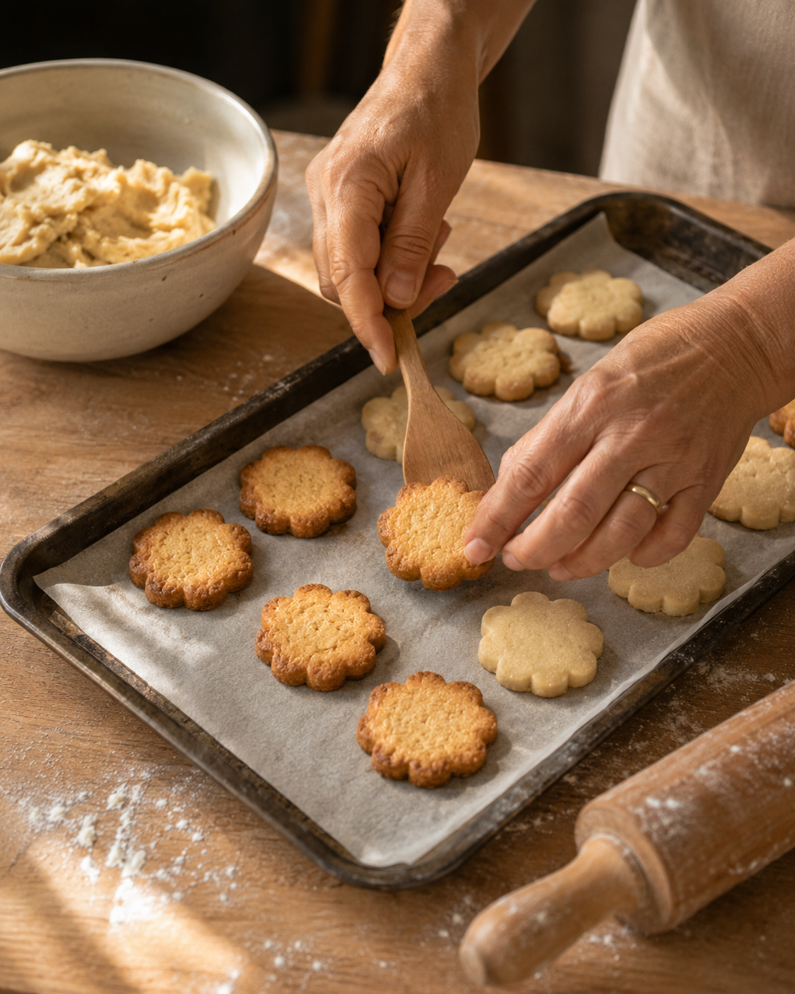 Biscoitos amanteigados dourados saindo do forno