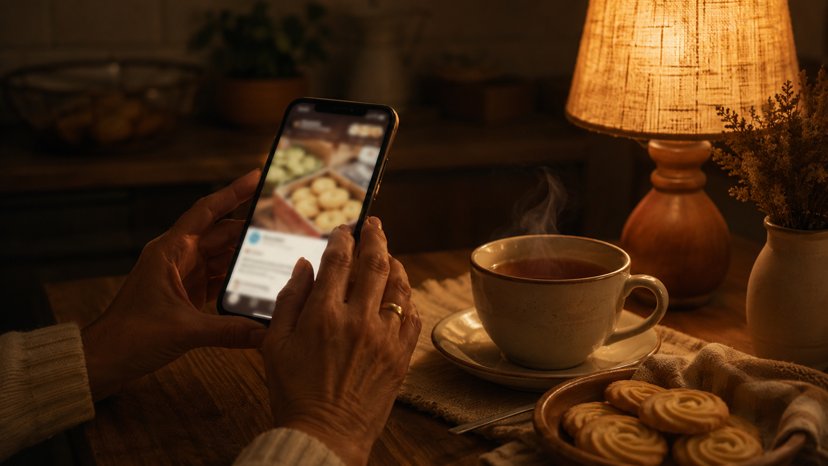 Mão segurando smartphone à noite, descoberta do shortbread